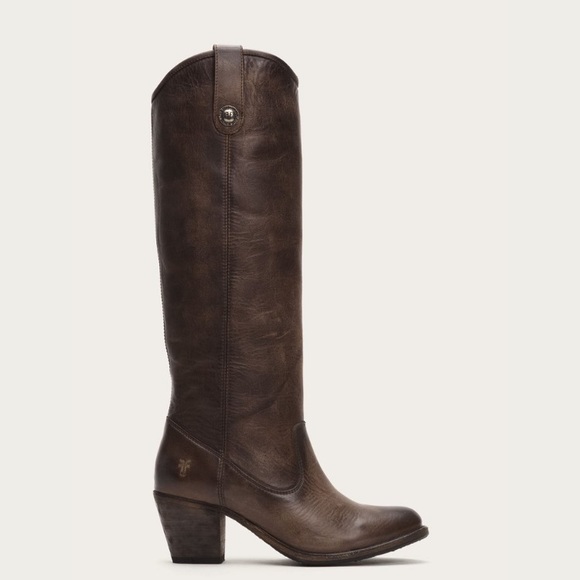$399 Frye Jackie Button Tall Dark Brown Leather Pull On Knee High Heeled Boot